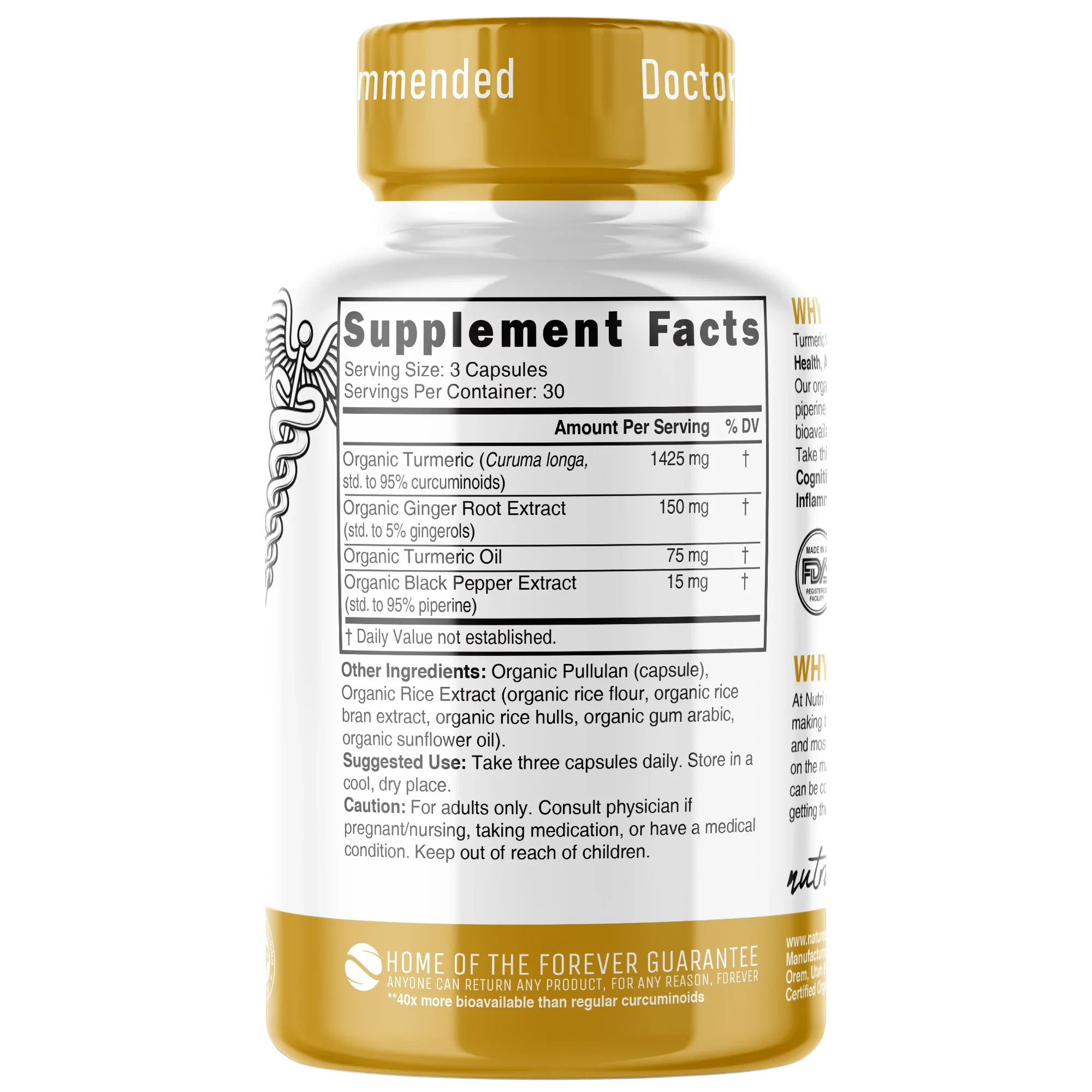 Nutri Organic Turmeric Curcumin capsules back label