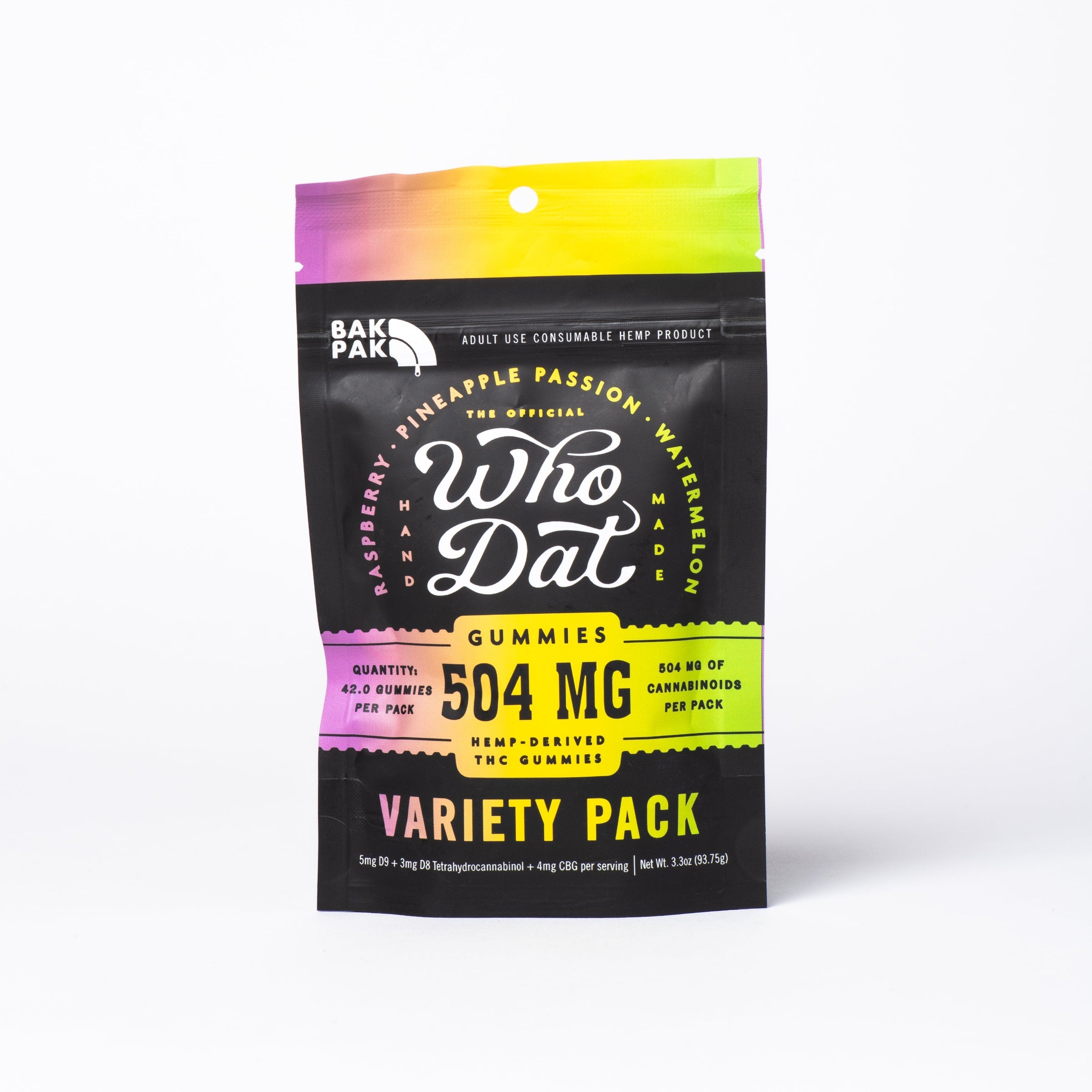 Who Dat 504mg THC CBG Variety Pack pouch front 42 gummies